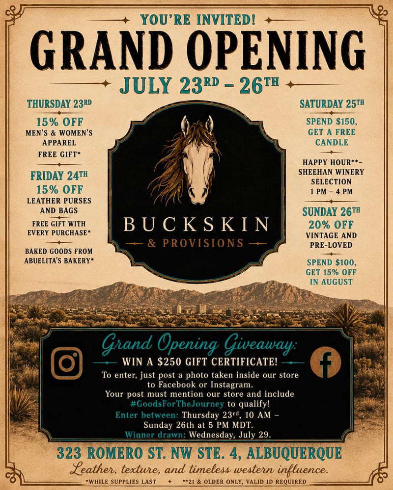 Buckskin & Provisions Grand Opening — Jul 23 – 26, 2026